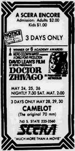 Advertisement for the SCERA Showhouse with showtimes for 'Doctor Zhivago' and the dates for 'Camelot'. - , Utah